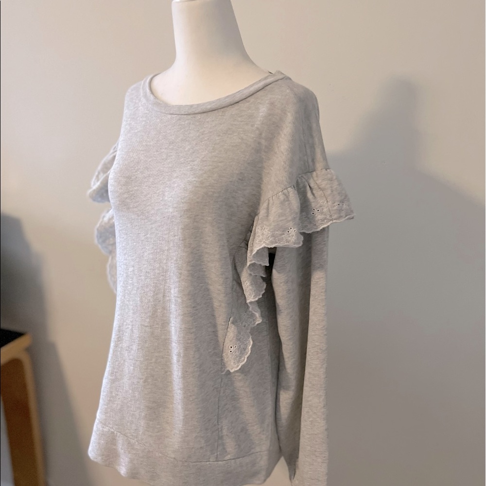 NWT Loft Heather Gray Embroidered Ruffle Sleeves Sweatshirt